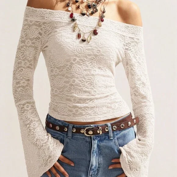 White Casual Women's Boho Knit Lace Off Shoulder Flare Sleeve Fitted Top - Picture 5 of 9